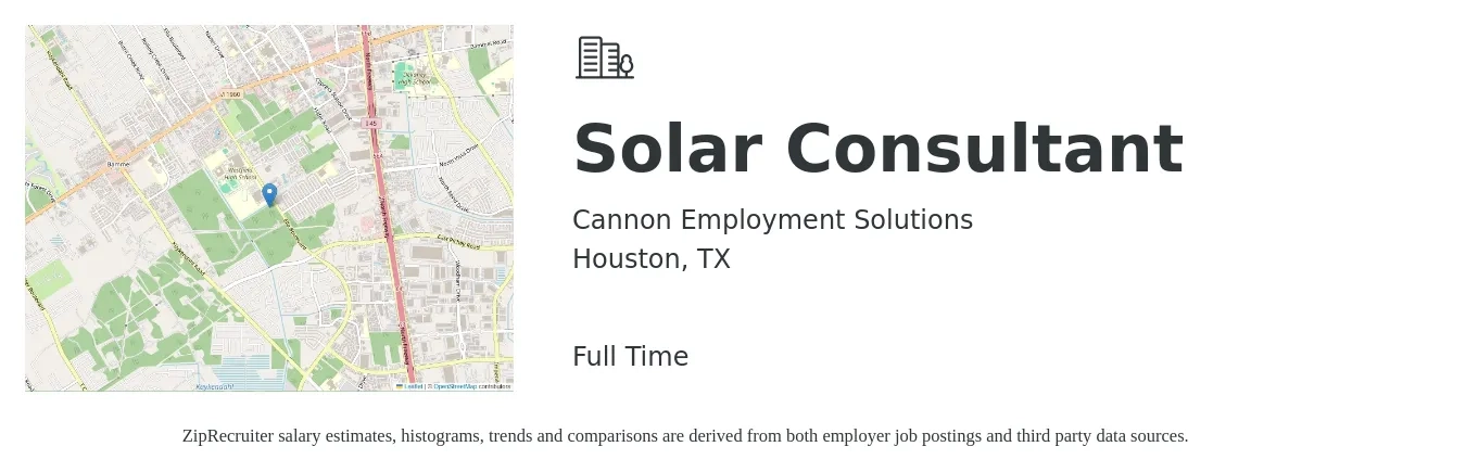 Cannon Employment Solutions job posting for a Solar Consultant in Houston, TX with a salary of $56,300 to $107,000 Yearly with a map of Houston location.