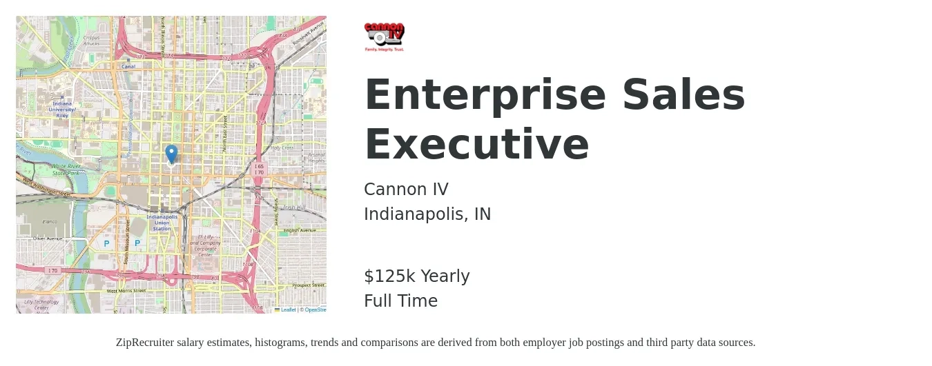 Cannon IV job posting for a Enterprise Sales Executive in Indianapolis, IN with a salary of $125,000 Yearly with a map of Indianapolis location.