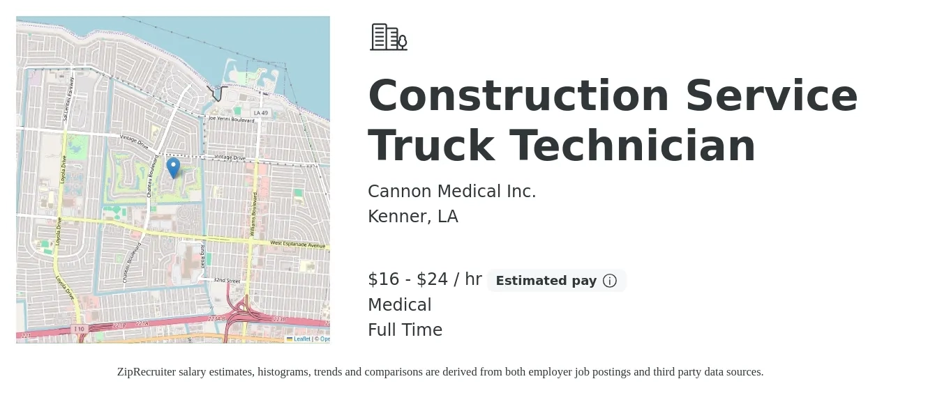 Cannon Medical Inc. job posting for a Construction Service Truck Technician in Kenner, LA with a salary of $17 to $25 Hourly and benefits including pto, retirement, and medical with a map of Kenner location.