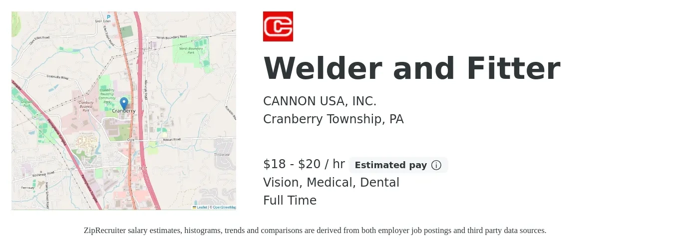 CANNON USA, INC. job posting for a Welder and Fitter in Cranberry Township, PA with a salary of $19 to $22 Hourly and benefits including medical, retirement, vision, dental, and life_insurance with a map of Cranberry Township location.