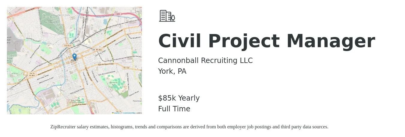 Cannonball Recruiting LLC job posting for a Civil Project Manager in York, PA with a salary of $85,000 Yearly with a map of York location.