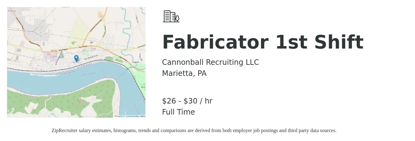 Cannonball Recruiting LLC job posting for a Fabricator 1st Shift in Marietta, PA with a salary of $28 to $32 Hourly with a map of Marietta location.