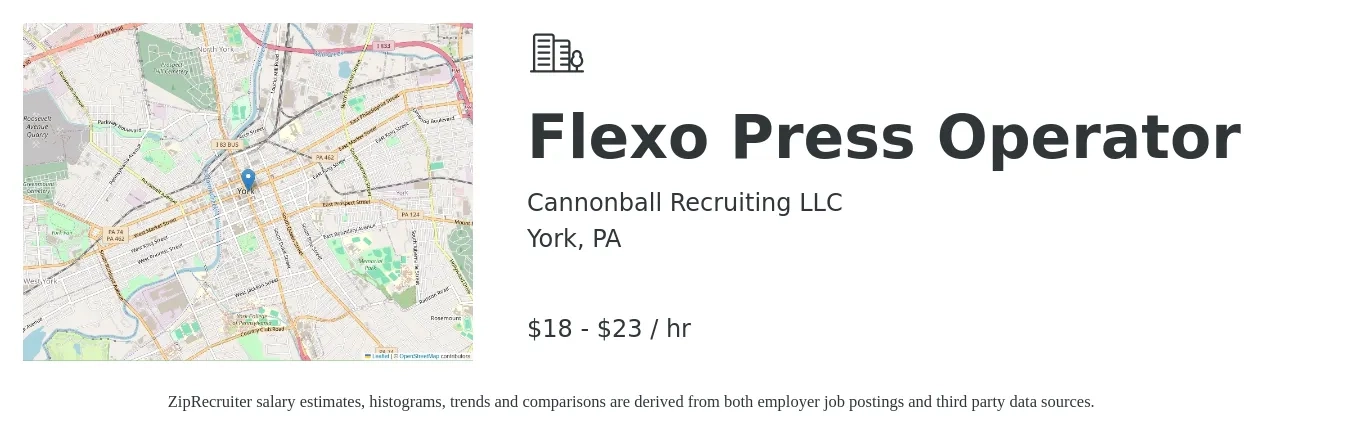 Cannonball Recruiting LLC job posting for a Flexo Press Operator in York, PA with a salary of $19 to $24 Hourly with a map of York location.