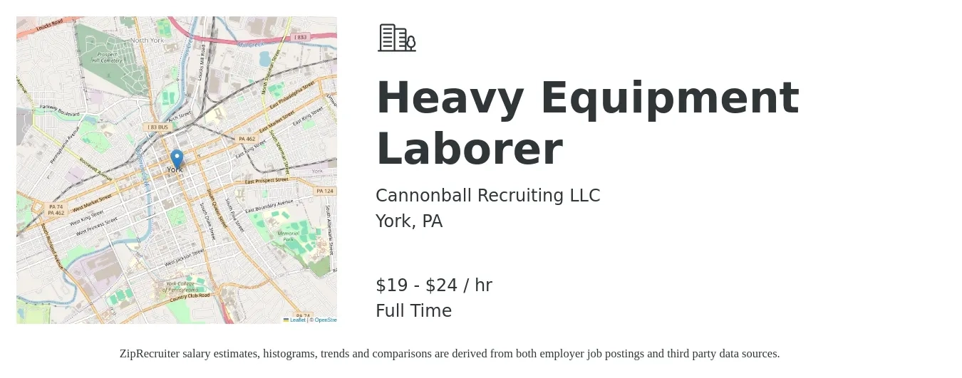 Cannonball Recruiting LLC job posting for a Heavy Equipment Laborer in York, PA with a salary of $20 to $25 Hourly with a map of York location.