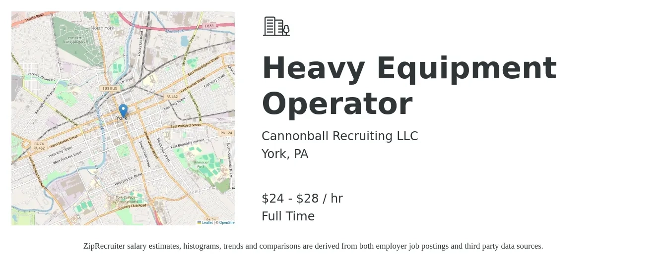 Cannonball Recruiting LLC job posting for a Heavy Equipment Operator in York, PA with a salary of $25 to $30 Hourly with a map of York location.