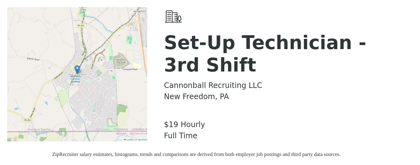 Cannonball Recruiting LLC job posting for a Set-Up Technician - 3rd Shift in New Freedom, PA with a salary of $20 Hourly with a map of New Freedom location.