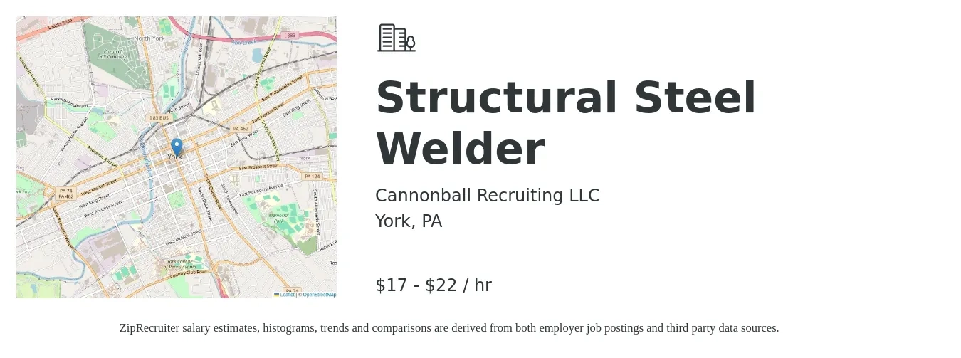 Cannonball Recruiting LLC job posting for a Structural Steel Welder in York, PA with a salary of $18 to $23 Hourly with a map of York location.