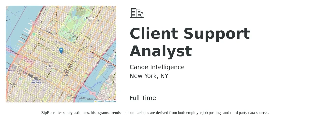 Canoe Intelligence job posting for a Client Support Analyst in New York, NY with a salary of $23 to $45 Hourly with a map of New York location.