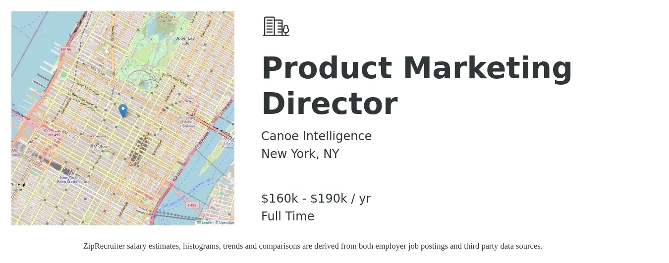 Canoe Intelligence job posting for a Product Marketing Director in New York, NY with a salary of $160,000 to $190,000 Yearly with a map of New York location.