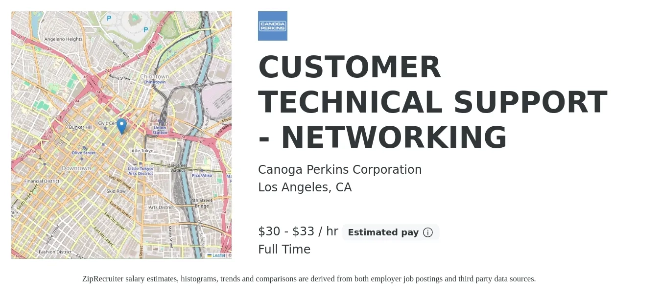 Canoga Perkins Corporation job posting for a CUSTOMER TECHNICAL SUPPORT - NETWORKING in Los Angeles, CA with a salary of $31 to $35 Hourly with a map of Los Angeles location.