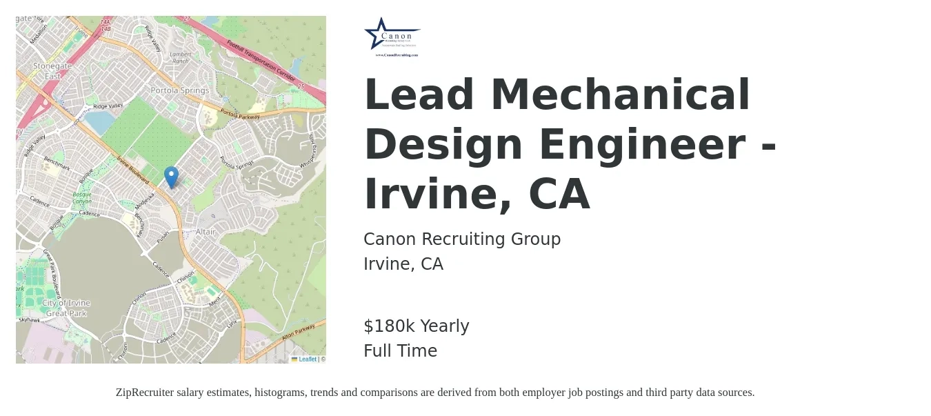 Canon Recruiting Group job posting for a Lead Mechanical Design Engineer - Irvine, CA in Irvine, CA with a salary of $180,000 Yearly with a map of Irvine location.