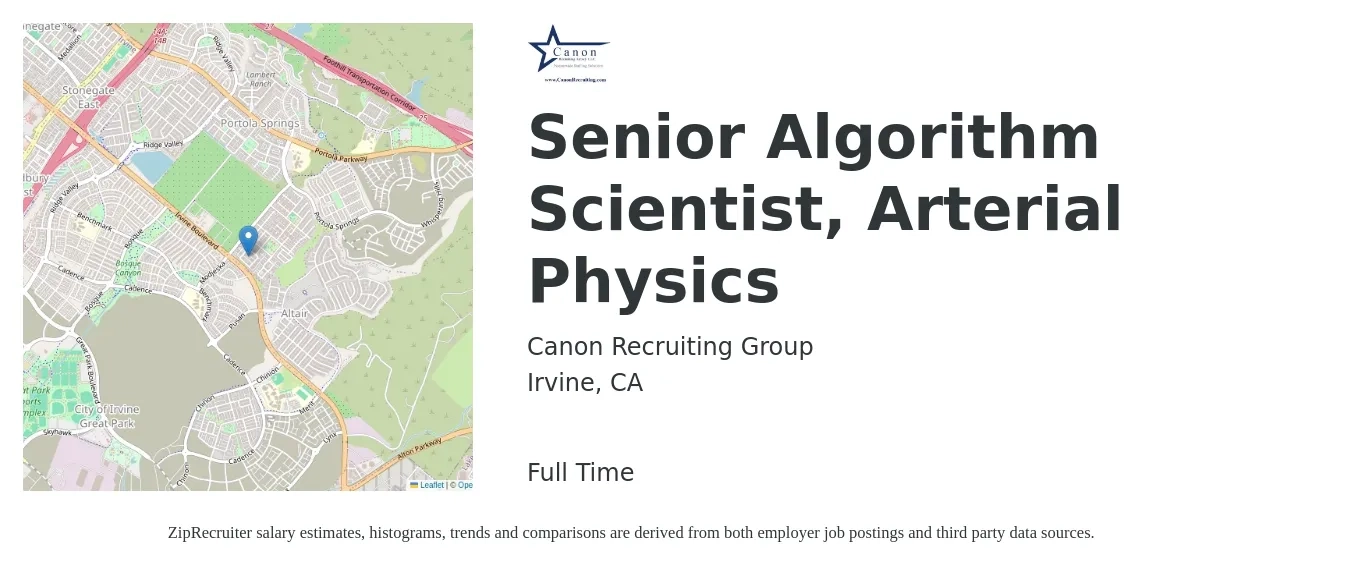 Canon Recruiting Group job posting for a Senior Algorithm Scientist, Arterial Physics in Irvine, CA with a salary of $97,100 to $132,600 Yearly with a map of Irvine location.