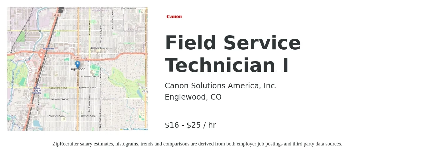 Canon Solutions America, Inc. job posting for a Field Service Technician I in Englewood, CO with a salary of $18 to $26 Hourly with a map of Englewood location.