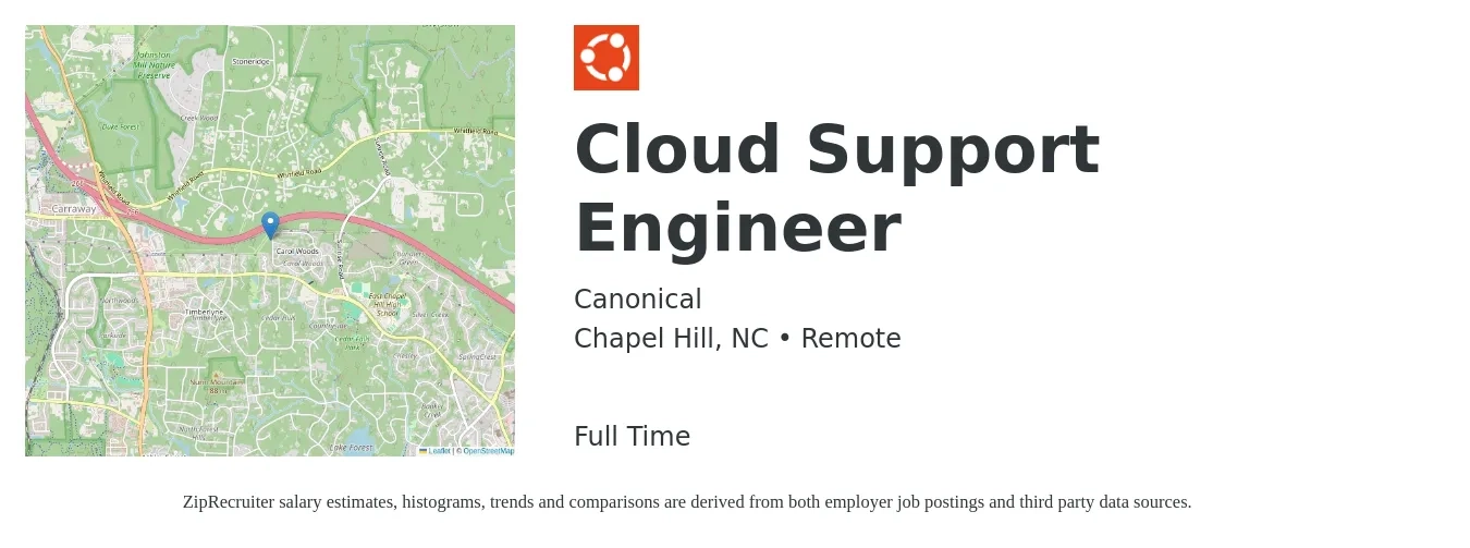 Canonical job posting for a Cloud Support Engineer in Chapel Hill, NC with a salary of $129,800 to $142,600 Yearly with a map of Chapel Hill location.