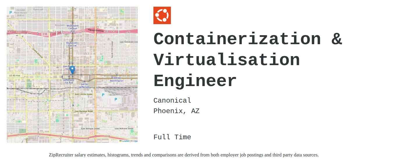 Canonical job posting for a Containerization & Virtualisation Engineer in Phoenix, AZ with a salary of $81,900 to $109,200 Annually with a map of Phoenix location.