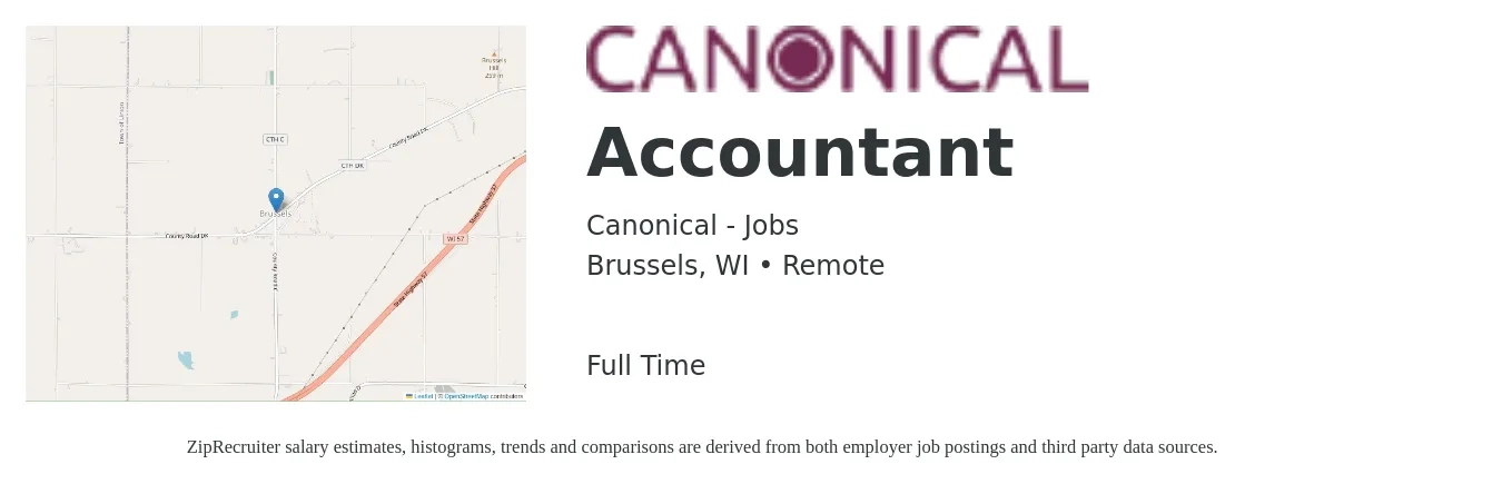 Canonical - Jobs job posting for a Accountant in Brussels, WI with a salary of $52,200 to $76,600 Yearly with a map of Brussels location.
