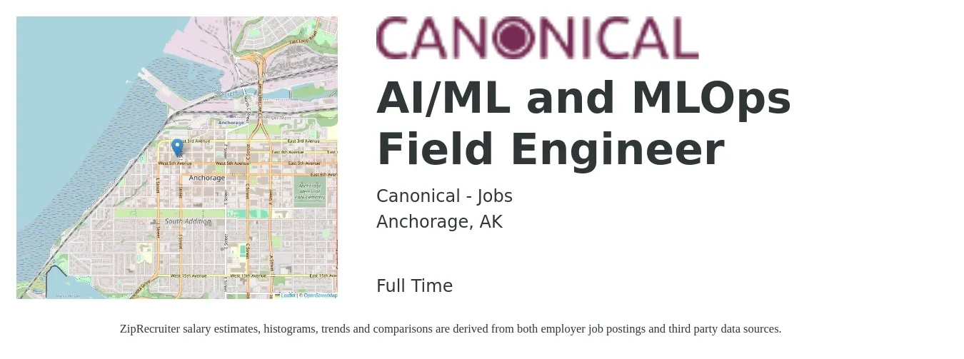 Canonical - Jobs job posting for a AI/ML and MLOps Field Engineer in Anchorage, AK with a salary of $26 to $44 Hourly with a map of Anchorage location.