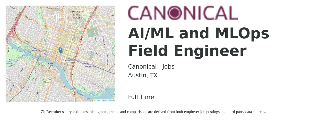 Canonical - Jobs job posting for a AI/ML and MLOps Field Engineer in Austin, TX with a salary of $25 to $42 Hourly with a map of Austin location.