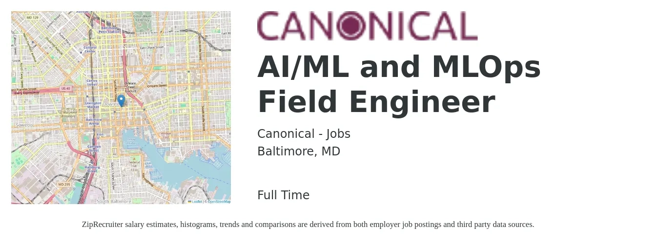 Canonical - Jobs job posting for a AI/ML and MLOps Field Engineer in Baltimore, MD with a salary of $25 to $42 Hourly with a map of Baltimore location.