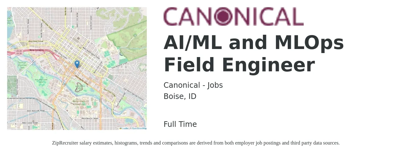 Canonical - Jobs job posting for a AI/ML and MLOps Field Engineer in Boise, ID with a salary of $24 to $40 Hourly with a map of Boise location.