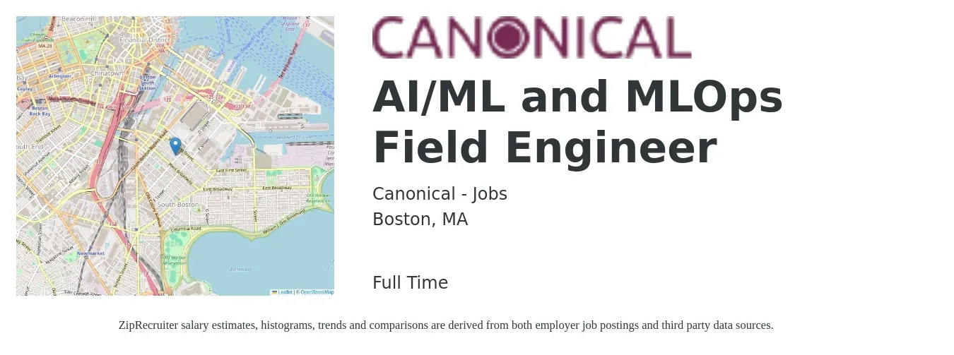 Canonical - Jobs job posting for a AI/ML and MLOps Field Engineer in Boston, MA with a salary of $27 to $46 Hourly with a map of Boston location.