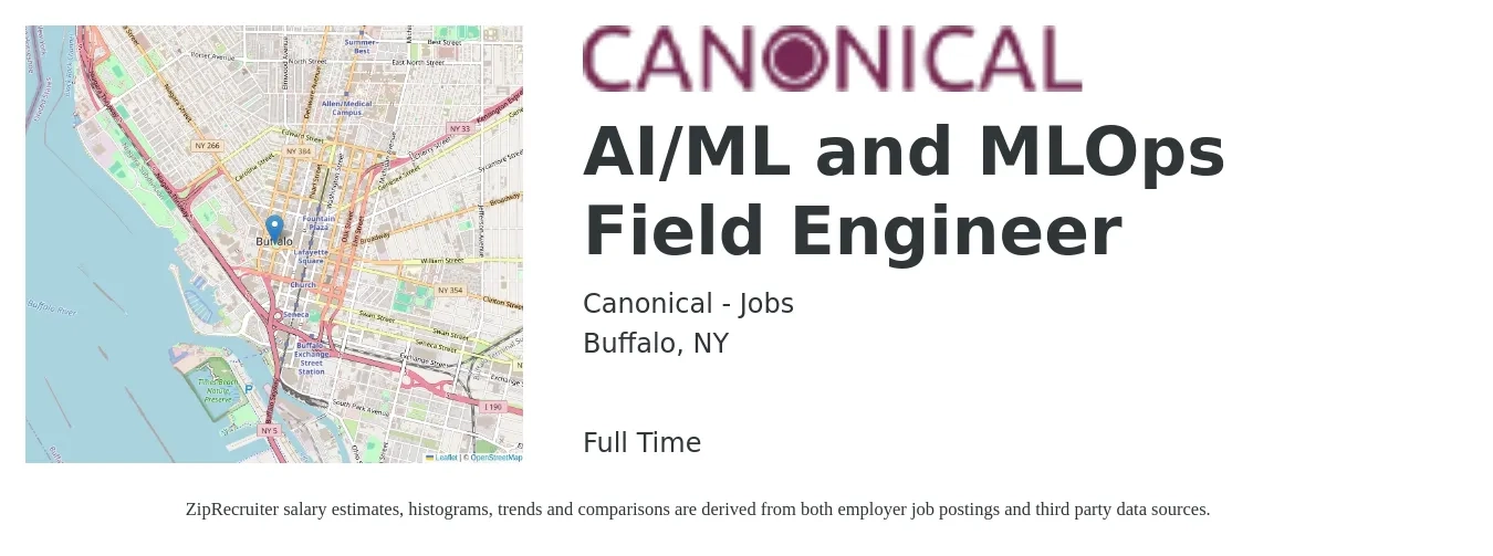 Canonical - Jobs job posting for a AI/ML and MLOps Field Engineer in Buffalo, NY with a salary of $24 to $41 Hourly with a map of Buffalo location.