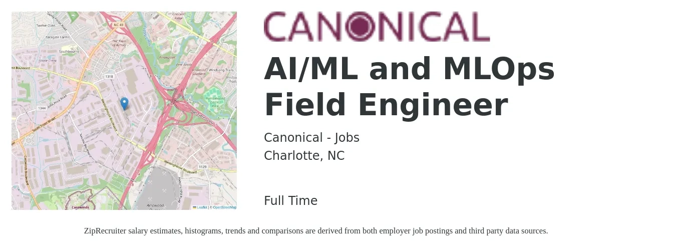 Canonical - Jobs job posting for a AI/ML and MLOps Field Engineer in Charlotte, NC with a salary of $24 to $42 Hourly with a map of Charlotte location.
