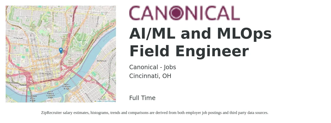 Canonical - Jobs job posting for a AI/ML and MLOps Field Engineer in Cincinnati, OH with a salary of $24 to $41 Hourly with a map of Cincinnati location.