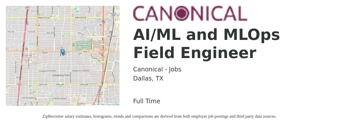 Canonical - Jobs job posting for a AI/ML and MLOps Field Engineer in Dallas, TX with a salary of $25 to $42 Hourly with a map of Dallas location.