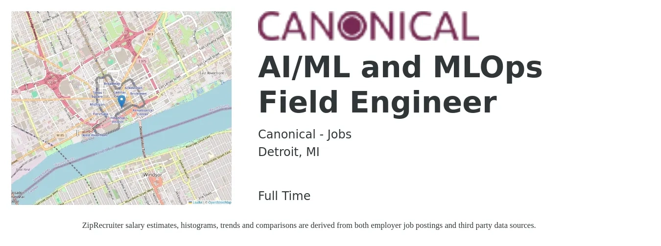 Canonical - Jobs job posting for a AI/ML and MLOps Field Engineer in Detroit, MI with a salary of $25 to $42 Hourly with a map of Detroit location.