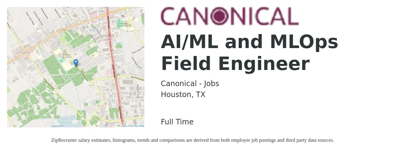 Canonical - Jobs job posting for a AI/ML and MLOps Field Engineer in Houston, TX with a salary of $24 to $40 Hourly with a map of Houston location.