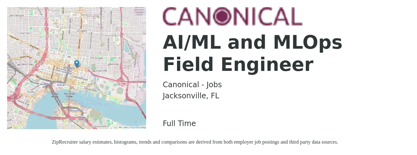 Canonical - Jobs job posting for a AI/ML and MLOps Field Engineer in Jacksonville, FL with a salary of $23 to $40 Hourly with a map of Jacksonville location.