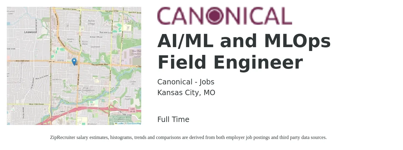 Canonical - Jobs job posting for a AI/ML and MLOps Field Engineer in Kansas City, MO with a salary of $24 to $42 Hourly with a map of Kansas City location.