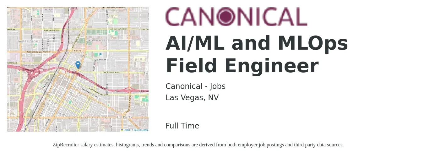 Canonical - Jobs job posting for a AI/ML and MLOps Field Engineer in Las Vegas, NV with a salary of $24 to $40 Hourly with a map of Las Vegas location.