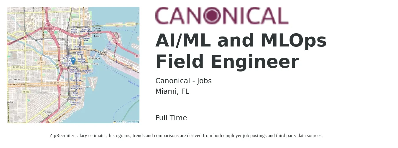 Canonical - Jobs job posting for a AI/ML and MLOps Field Engineer in Miami, FL with a salary of $24 to $41 Hourly with a map of Miami location.