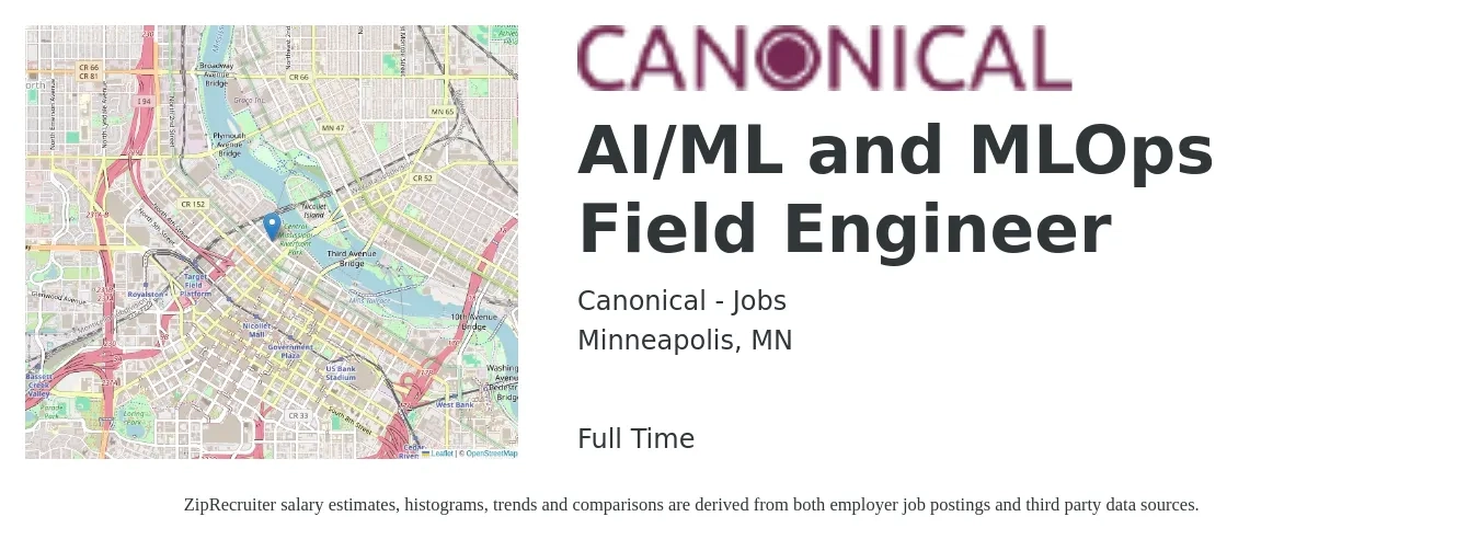 Canonical - Jobs job posting for a AI/ML and MLOps Field Engineer in Minneapolis, MN with a salary of $26 to $44 Hourly with a map of Minneapolis location.
