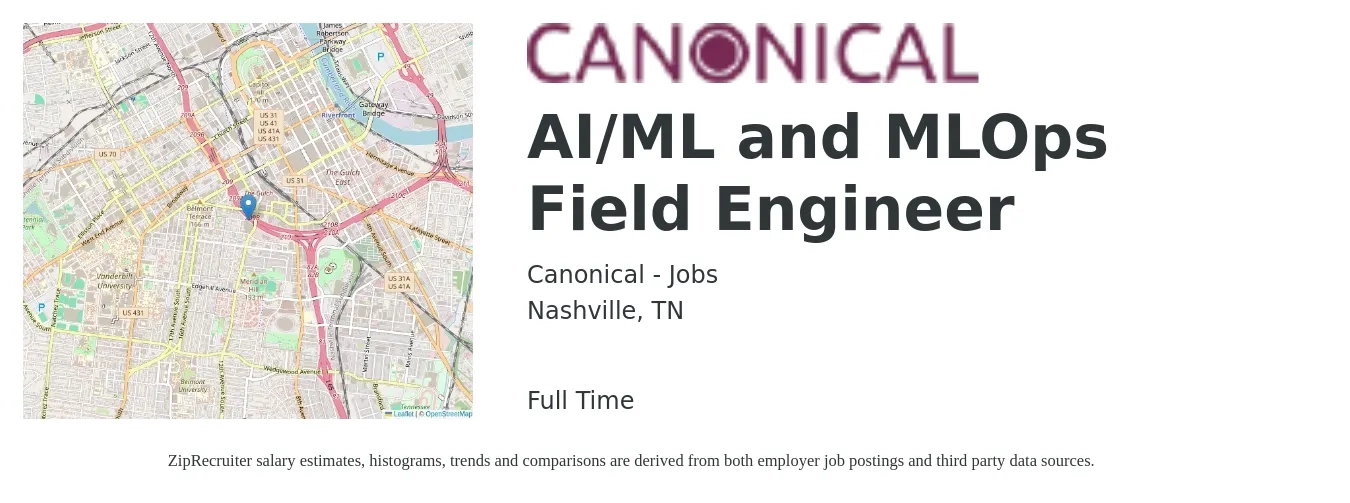 Canonical - Jobs job posting for a AI/ML and MLOps Field Engineer in Nashville, TN with a salary of $24 to $41 Hourly with a map of Nashville location.
