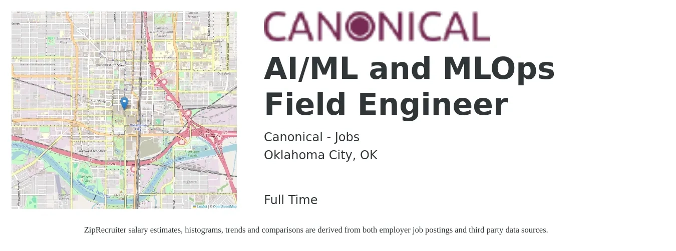 Canonical - Jobs job posting for a AI/ML and MLOps Field Engineer in Oklahoma City, OK with a salary of $23 to $40 Hourly with a map of Oklahoma City location.