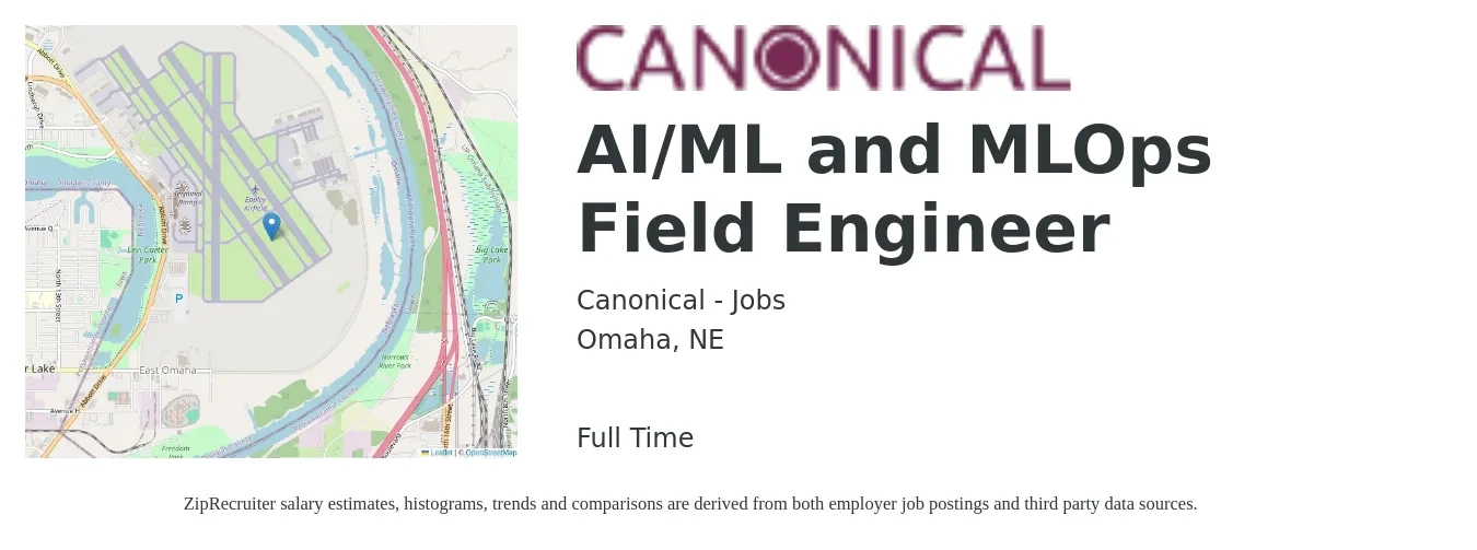 Canonical - Jobs job posting for a AI/ML and MLOps Field Engineer in Omaha, NE with a salary of $24 to $41 Hourly with a map of Omaha location.