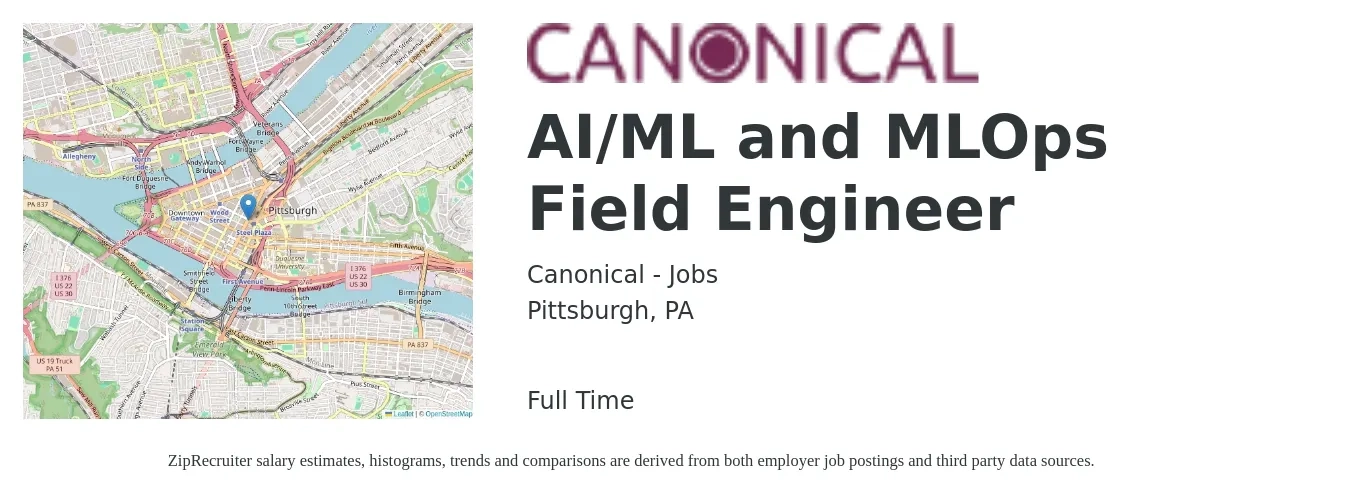 Canonical - Jobs job posting for a AI/ML and MLOps Field Engineer in Pittsburgh, PA with a salary of $24 to $41 Hourly with a map of Pittsburgh location.