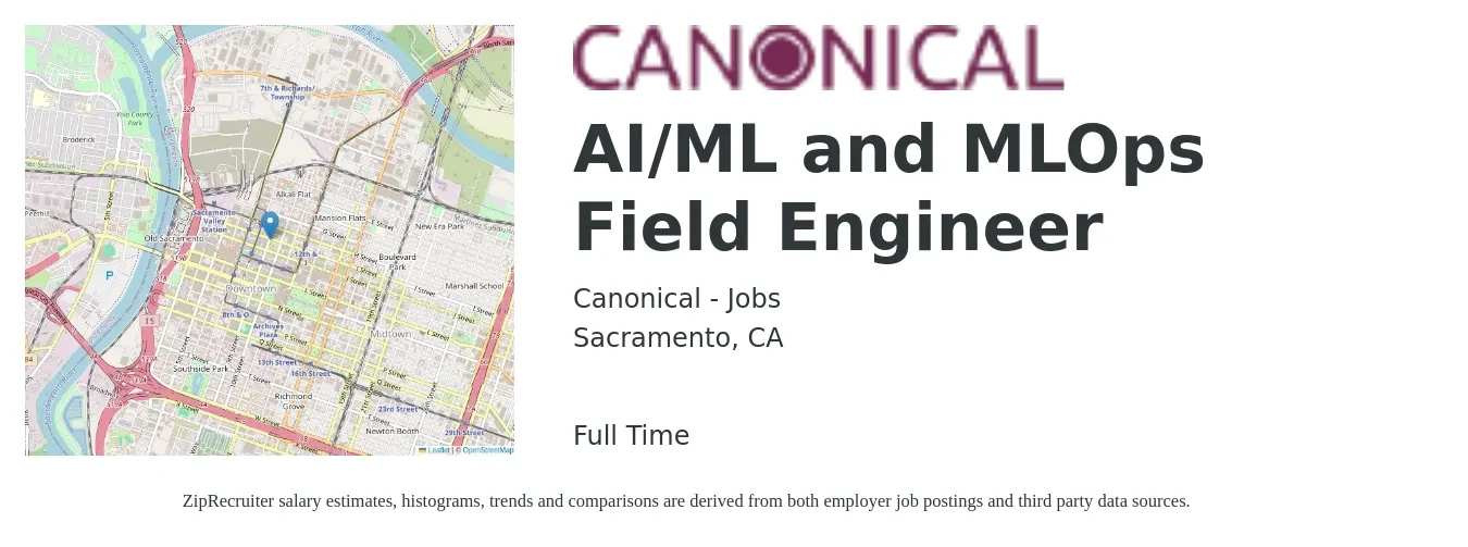 Canonical - Jobs job posting for a AI/ML and MLOps Field Engineer in Sacramento, CA with a salary of $27 to $45 Hourly with a map of Sacramento location.