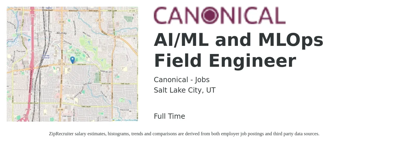 Canonical - Jobs job posting for a AI/ML and MLOps Field Engineer in Salt Lake City, UT with a salary of $24 to $41 Hourly with a map of Salt Lake City location.