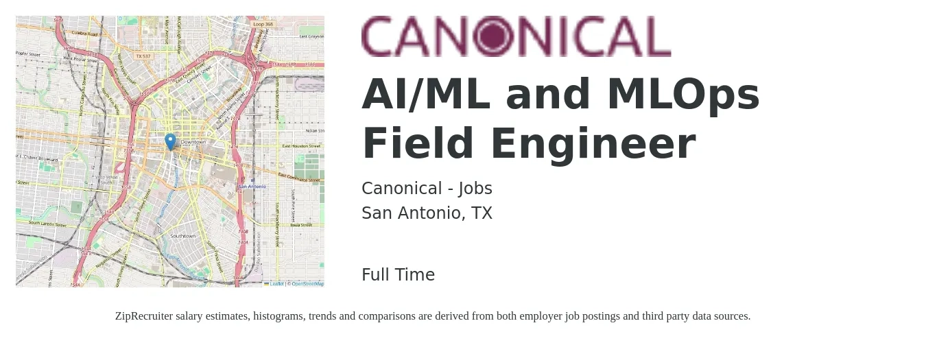 Canonical - Jobs job posting for a AI/ML and MLOps Field Engineer in San Antonio, TX with a salary of $22 to $38 Hourly with a map of San Antonio location.