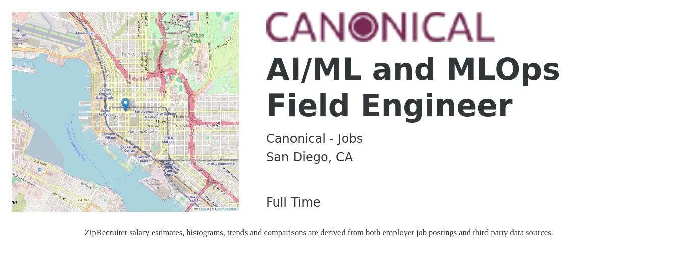Canonical - Jobs job posting for a AI/ML and MLOps Field Engineer in San Diego, CA with a salary of $26 to $45 Hourly with a map of San Diego location.
