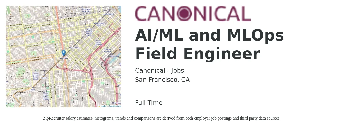 Canonical - Jobs job posting for a AI/ML and MLOps Field Engineer in San Francisco, CA with a salary of $30 to $50 Hourly with a map of San Francisco location.