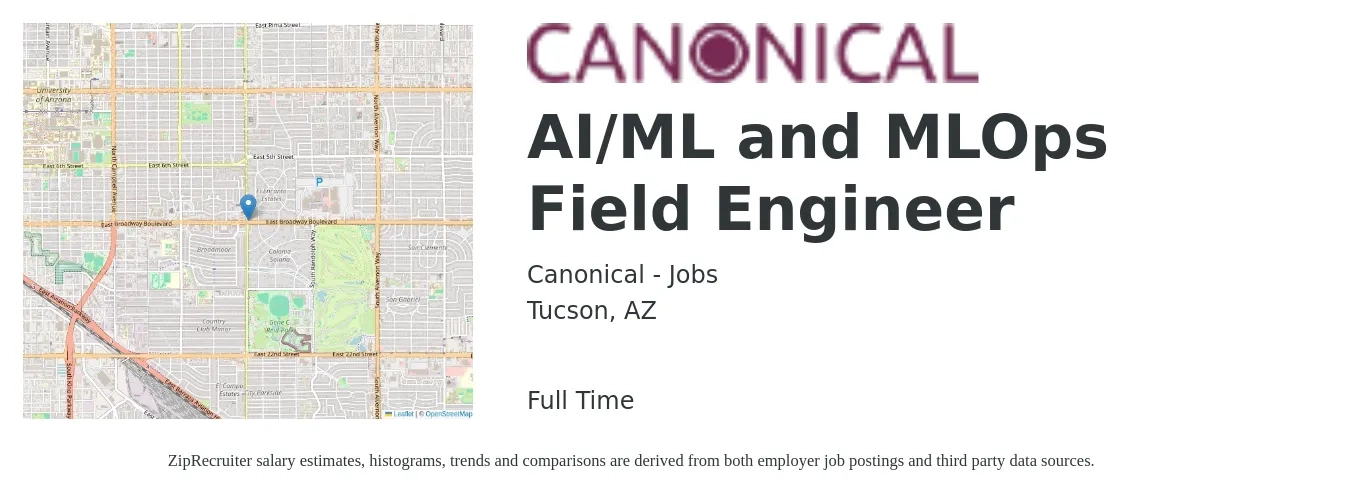 Canonical - Jobs job posting for a AI/ML and MLOps Field Engineer in Tucson, AZ with a salary of $24 to $40 Hourly with a map of Tucson location.