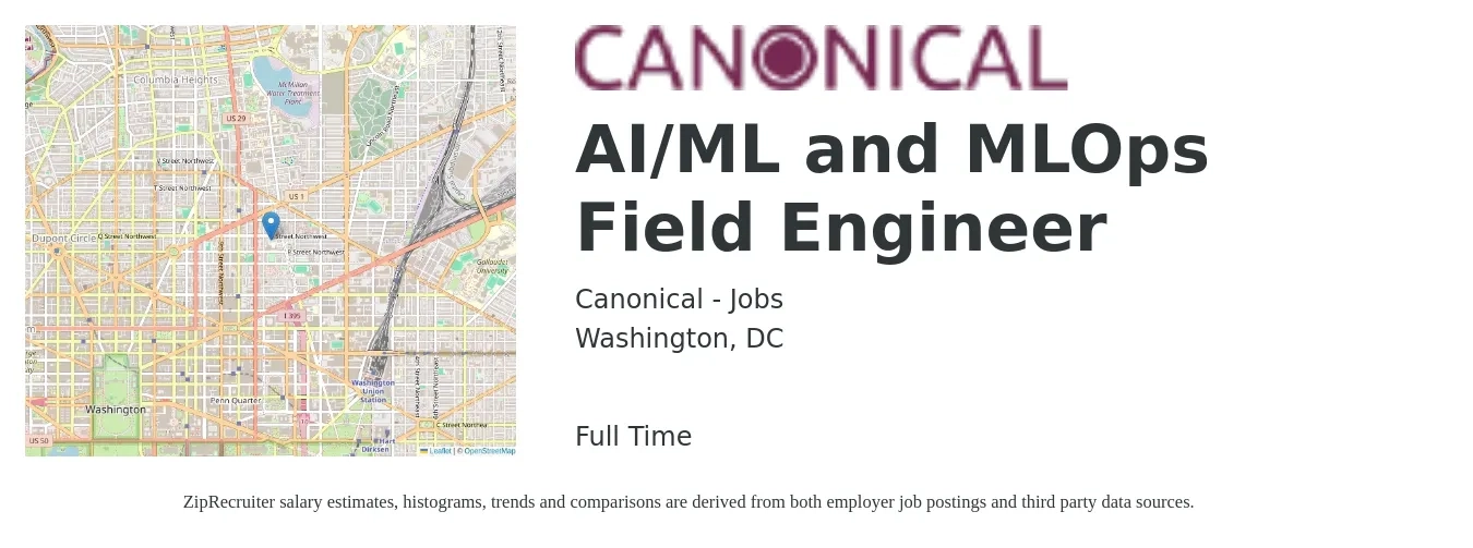 Canonical - Jobs job posting for a AI/ML and MLOps Field Engineer in Washington, DC with a salary of $28 to $48 Hourly with a map of Washington location.