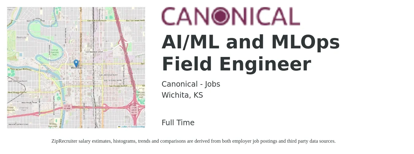 Canonical - Jobs job posting for a AI/ML and MLOps Field Engineer in Wichita, KS with a salary of $22 to $38 Hourly with a map of Wichita location.
