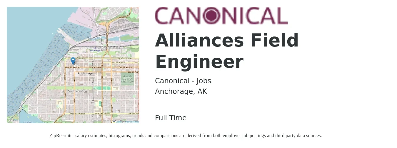 Canonical - Jobs job posting for a Alliances Field Engineer in Anchorage, AK with a salary of $75,600 to $118,000 Yearly with a map of Anchorage location.