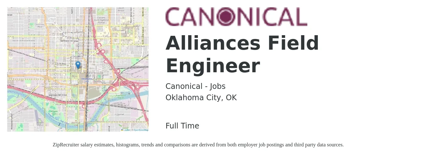 Canonical - Jobs job posting for a Alliances Field Engineer in Oklahoma City, OK with a salary of $68,700 to $107,300 Yearly with a map of Oklahoma City location.